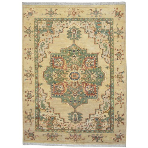 Traditional-Persian/Oriental Hand Knotted Wool / Silk (Silkette) Beige 5' x 7' Rug
